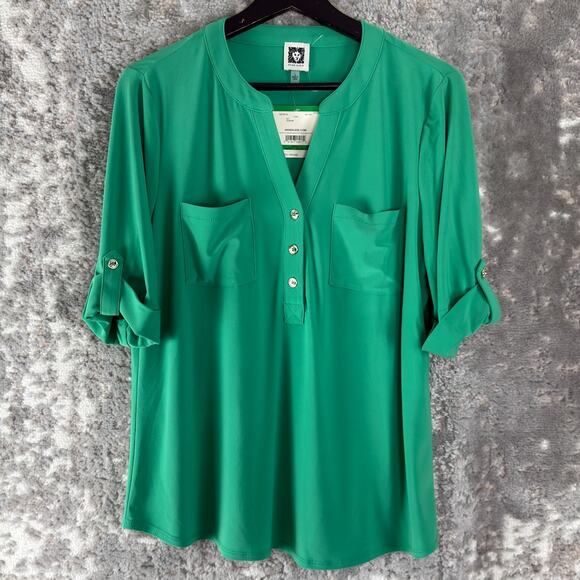NEW Anne Klein Size L Casual V Neck Top Green Pockets Pullover Button NWT - Picture 1 of 7